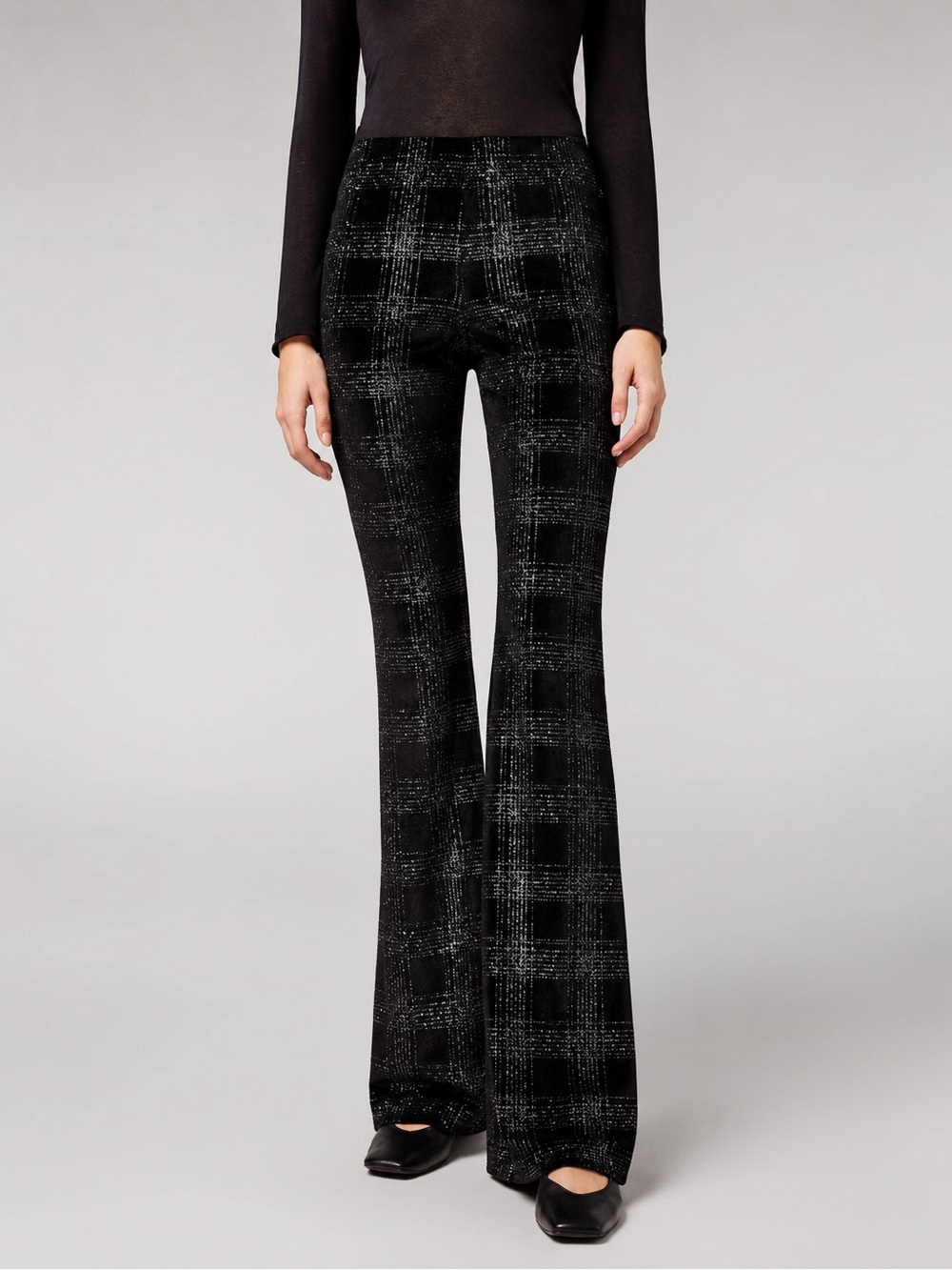 Calzedonia Glitter Plaid Flare Stretchy Velvet Black Pants Small
